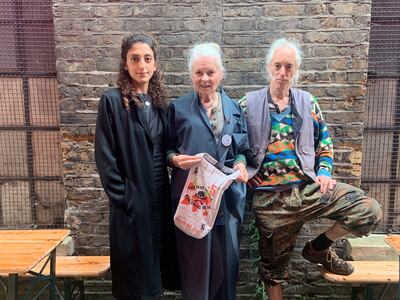 Stop the War exhibition co-curator Zayna Al-Saleh with Dame Vivienne Westwood and her son, Ben. Photo: Zayna Al-Saleh
