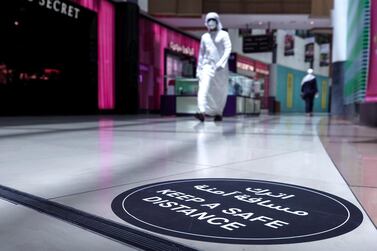 Abu Dhabi, United Arab Emirates, May 10, 2020. The reopening of the Al Wahda Mall during the Coronavirus pandemic. Distance signs on the mall floors. Victor Besa/The National Section: NA Reporter: