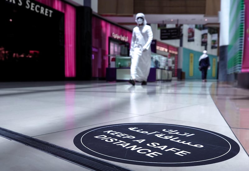 Abu Dhabi, United Arab Emirates, May 10, 2020.  
 The reopening of the Al Wahda Mall during the Coronavirus pandemic.  Distance signs on the mall floors.
Victor Besa/The National
Section:  NA
Reporter: