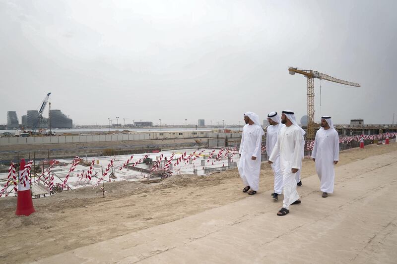 YAS ISLAND, ABU DHABI, UNITED ARAB EMIRATES - March 01, 2018: HH Sheikh Mohamed bin Zayed Al Nahyan, Crown Prince of Abu Dhabi and Deputy Supreme Commander of the UAE Armed Forces (L),  inspects urban development and tourism projects, at Yas Bay. Seen with HE Mohamed Khalifa Al Mubarak, Chairman of the Department of Culture and Tourism and Abu Dhabi Executive Council Member (2nd L), HE Mohamed Mubarak Al Mazrouei, Undersecretary of the Crown Prince Court of Abu Dhabi (3rd L).

( Mohamed Al Hammadi / Crown Prince Court - Abu Dhabi )
---