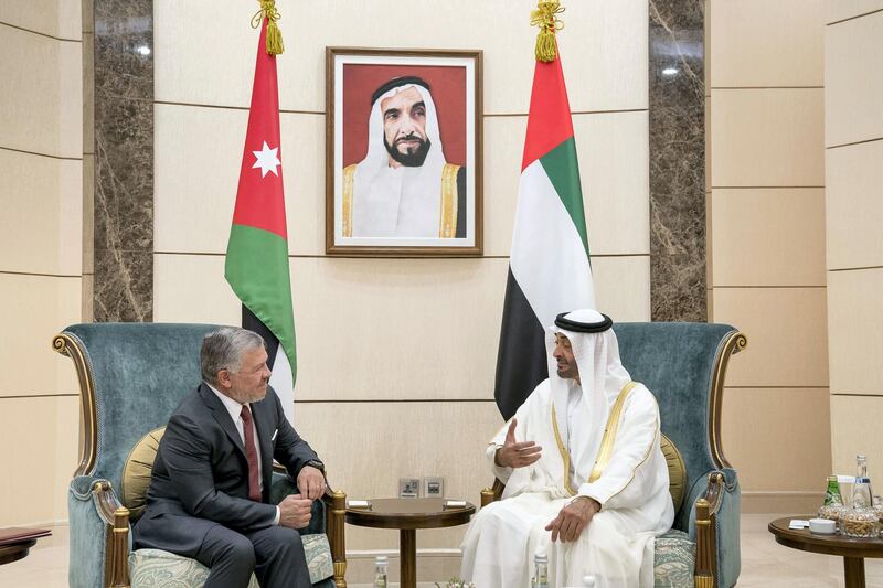 ABU DHABI, UNITED ARAB EMIRATES - July 27, 2018: HH Sheikh Mohamed bin Zayed Al Nahyan, Crown Prince of Abu Dhabi and Deputy Supreme Commander of the UAE Armed Forces (R), meets with HM King Abdullah II, King of Jordan.

( Rashed Al Mansoori / Ministry of Presidential Affairs )
---