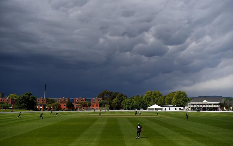 Dark skies above the cricket tour match between a New Zealand XI and England at Bert Sutcliffe Oval in Lincoln, southwest of Chrtistchurch. Getty