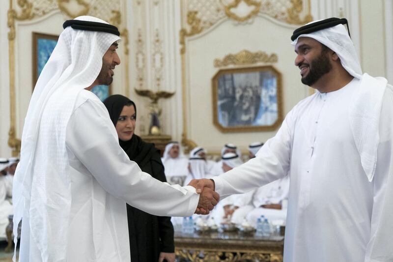 ABU DHABI, UNITED ARAB EMIRATES - October 07, 2019: HH Sheikh Mohamed bin Zayed Al Nahyan, Crown Prince of Abu Dhabi and Deputy Supreme Commander of the UAE Armed Forces (L), receives a member of the Arab Parliament (R), during a Sea Palace barza. 
Seen with HE Dr Amal Abdullah Al Qubaisi, Speaker of the Federal National Council (FNC) (C).

( Rashed Al Mansoori / Ministry of Presidential Affairs )
---
