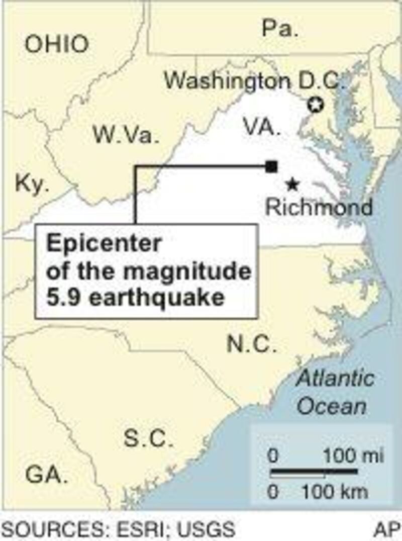 Map locates the epicenter of an earthquake in Virginia *** Local Caption ***  VA EARTHQUAKE.JPEG-06538.jpg