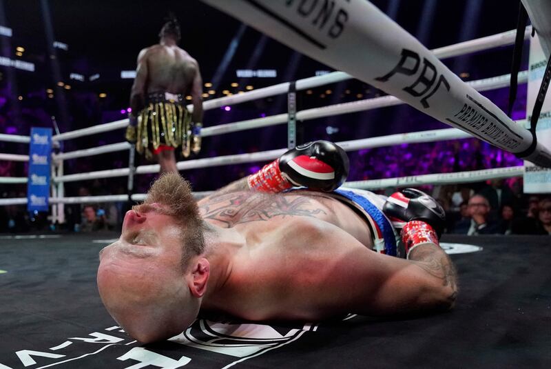 Robert Helenius lies on the canvas after getting knocked out by Deontay Wilder. Getty