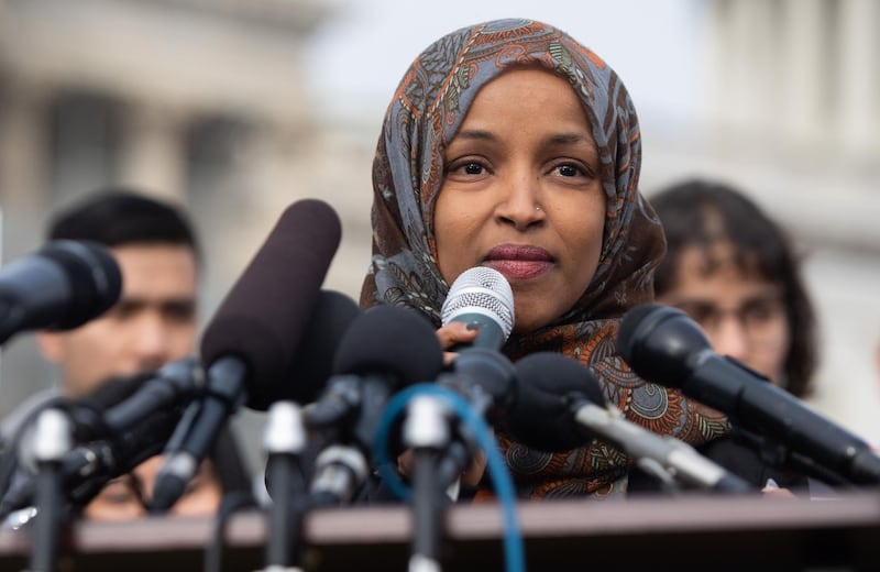 US Representative Ilhan Omar, Democrat of Minnesota, speaks during a press conference calling on Congress to cut funding for US Immigration and Customs Enforcement (ICE) and to defund border detention facilities, outside the US Capitol in Washington, DC, February 7, 2019. / AFP / SAUL LOEB
