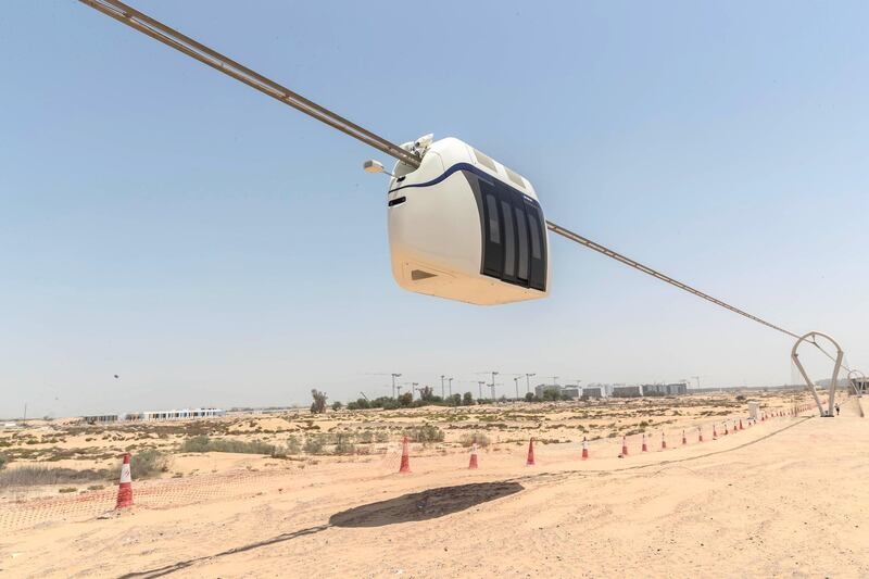 The Sky Train currently under development by uSky Transport FZE in Sharjah. The company is developing a suspended train system that can both run cargo and passenger vehicles at a projected speed of a 150km's per hour. Pictured is the passenger pod currently being tested on June 6th, 2021. 
Antonie Robertson / The National.
Reporter: Nick Webster for National