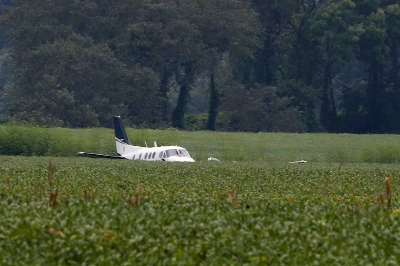 The stolen plane rests in a field of soy beans after crash-landing near Ripley, Mississippi. AP