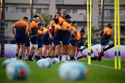South Africa players take part in a training session in Urayasu, outside Tokyo, Japan, Wednesday, Oct. 30, 2019. The Springboks will play England in the Rugby World Cup final on Saturday Nov. 2. in Yokohama. (AP Photo/Christophe Ena)