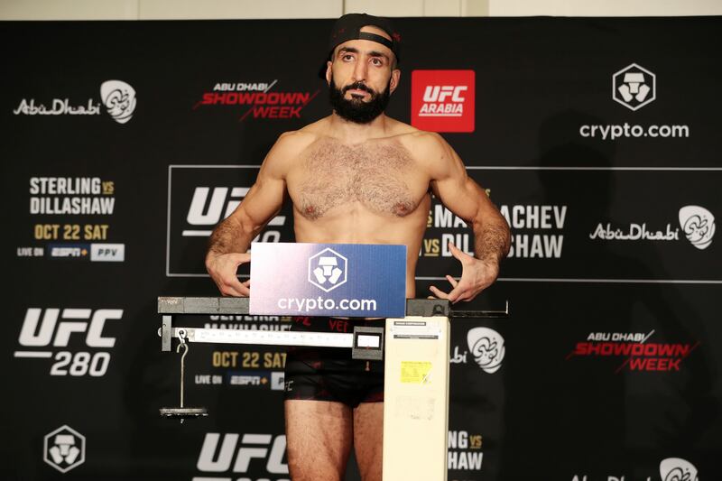 Belal Muhammad weighs in at 170lbs ahead of his bout against Sean Brady. Chris Whiteoak / The National