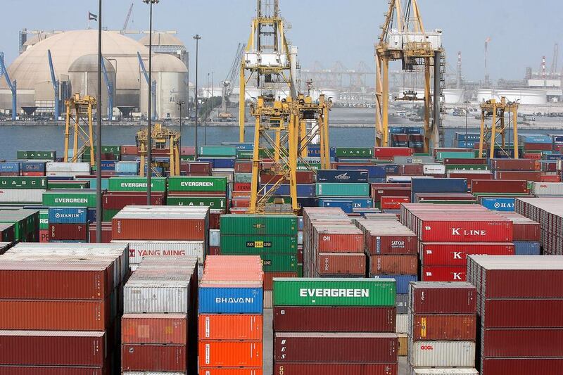 Cargo containers line up at the Terminal 1 in Jebel Ali port in Dubai. Pawan Singh / The National