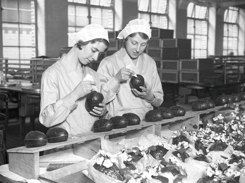 26th February 1932:  Two women at the Cadbury's chocolate factory in Bournville, in the West Midlands join together chocolate Easter egg halves.  (Photo by Fox Photos/Getty Images)