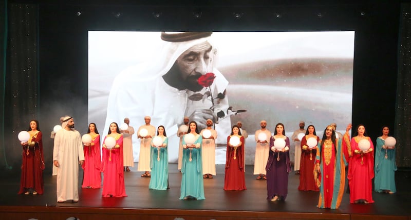 A background projection of UAE Founding Father, the late Sheikh Zayed bin Sultan Al Nahyan, at a National Day celebration organised by the Sultan bin Ali Al Owais Cultural Foundation, under the patronage and presence of Sheikh Nahyan bin Mubarak Al Nahyan, Minister of Tolerance and Coexistence. Wam