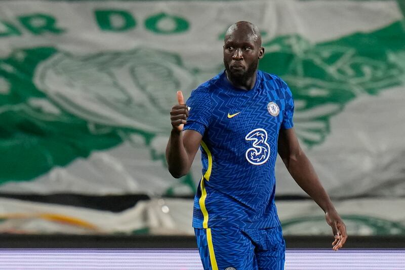 Chelsea's Romelu Lukaku celebrates after scoring his side's opening goal in the Club World Cup final against Palmeiras at the Mohammed Bin Zayed Stadium in Abu Dhabi. AP