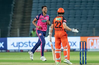 Rajasthan Royals' Prasidh Krishna celebrates after claiming the wicket of Sunrisers Hyderabad captain Kane Williamson. Sportzpics for IPL