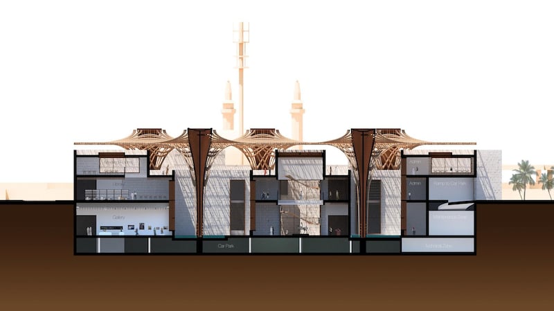 A cross-section view of the building's interior, showing how the barjeels or wind towers are embedded into the structure. Courtesy Aidia Studio
