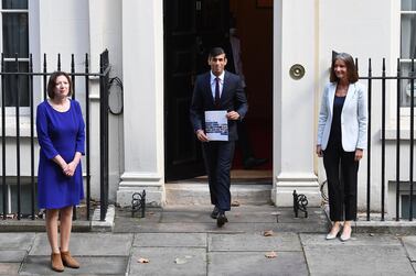 Chancellor Rishi Sunak with Confederation of British Industry director-general Carolyn Fairbairn and Trades Union Congress general secretary Frances O'Grady at 11 Downing Street today.