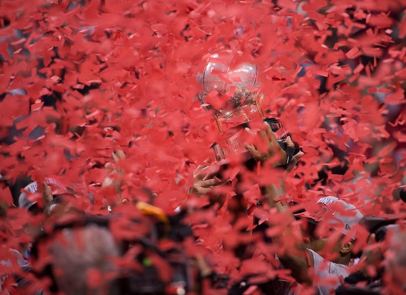 Toronto Raptors hoist the NBA Eastern Conference trophy after defeating the Milwaukee Bucks. AP Photo