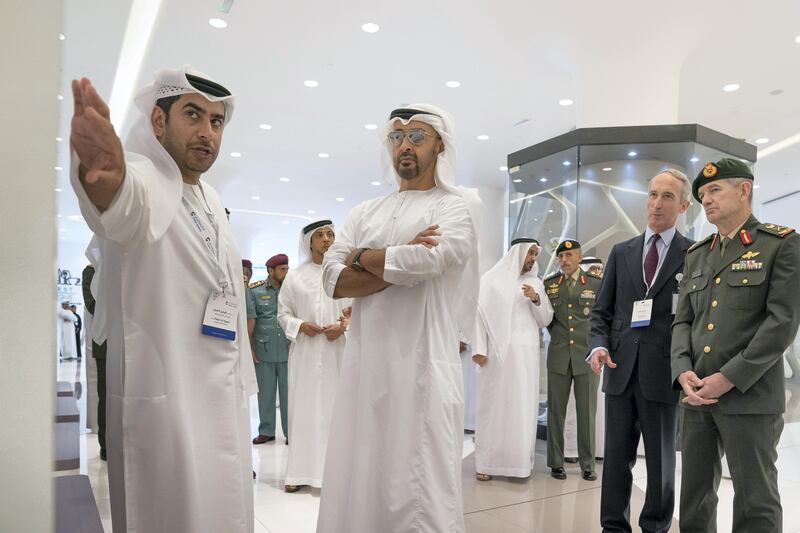 ABU DHABI, UNITED ARAB EMIRATES - September 20, 2017: HH Sheikh Mohamed bin Zayed Al Nahyan Crown Prince of Abu Dhabi Deputy Supreme Commander of the UAE Armed Forces (C), tours the Rabdan Academy during the inauguration. Seen with James Morse, President of the Rabdan Academy (2nd R) and Major General Mike Hindmarsh, Chairman of the Board of Trustees of the Rabdan Academy (R).

( Mohamed Al Hammadi / Crown Prince Court - Abu Dhabi )
---