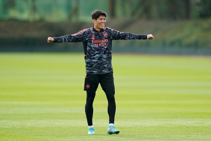 Arsenal's Takehiro Tomiyasu during training. PA