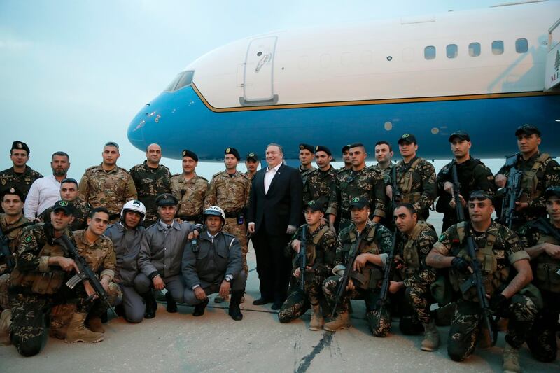 US Secretary of State Mike Pompeo poses for a photo with military personnel before boarding his plane, in Beirut, Lebanon. AP