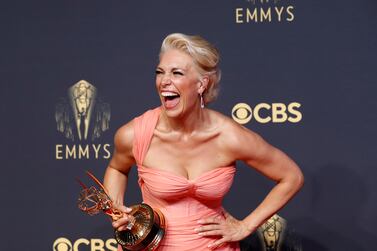 Hannah Waddingham laughs as she poses with her award for outstanding supporting actress in a comedy series, for "Ted Lasso", at the 73rd Primetime Emmy Awards in Los Angeles, U. S. , September 19, 2021.  REUTERS / Mario Anzuoni