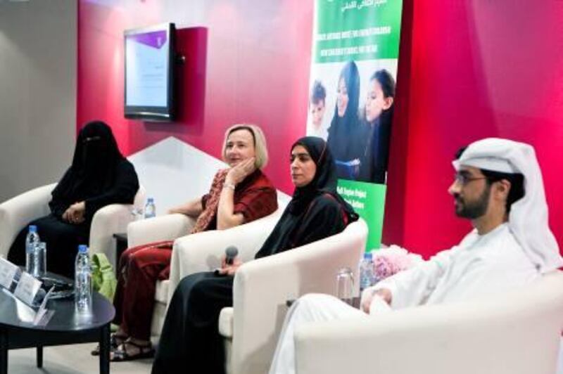 ABU DHABI, UNITED ARAB EMIRATES ‚Äì March 17, 2011: Maitha Al Khayat, Ute Krause, Dr. Latifa Al Najjar, and Qais Sedki, UAE and German children's book authors, left to right, lead a panel discussion on books in the UAE at the Abu Dhabi International Book Fair at ADNEC.  ( Andrew Henderson / The National )
