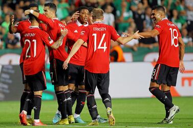 Manchester United's French striker Anthony Martial (3rd-R) celebrates with teammates after scoring a goal during the UEFA Europa League group E football match between Cyprus' Omonia Nicosia and England's Manchester United at GSP stadium in the capital Nicosia on October 6, 2022.  (Photo by AFP)