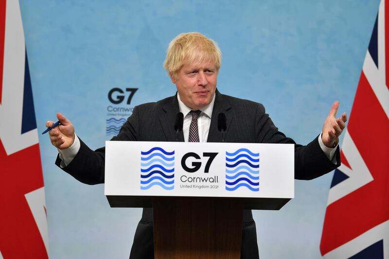 Britain's Prime Minister Boris Johnson speaks during a news conference at the end of the G7 summit in Carbis Bay, Cornwall, Britain, June 13, 2021. Ben Stansall/Pool via REUTERS