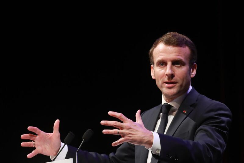 French President Emmanuel Macron delivers a speech during the "Prix Decouvertes" (Discovery award) ceremony as part of the 47th Angouleme International Comics Festival (Festival International de la Bande Dessinee d'Angouleme) on January 30, 2020, in Angouleme, western France. / AFP / Ludovic Marin
