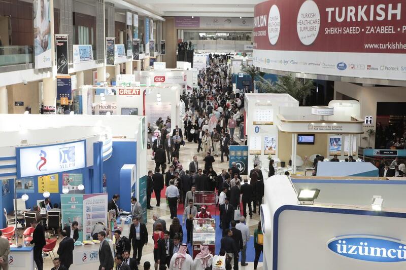 A busy scene last January at the Arab Health expo in Dubai. This year’s show begins tomorrow and is expected to draw 3,900 companies. Jeffrey E Biteng / The National