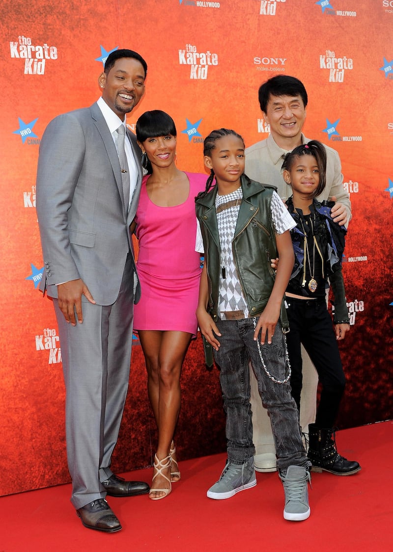 MADRID, SPAIN - JULY 21:  (L-R) Will Smith, Jada Pinkett Smith, Jaden Smith, Jackie Chan and Willow Smith (R) attend "The Karate Kid" premiere at Callao cinema on July 21, 2010 in Madrid, Spain.  (Photo by Carlos Alvarez/Getty Images)
