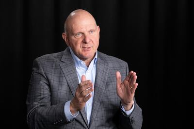 FILE - In this Thursday, Nov. 14, 2019 file photo, Steve Ballmer, founder of USA Facts, talks during an interview in New York. Los Angeles Clippers owner Steve Ballmer is buying the Forum for $400 million, clearing the way for the billionaire to build a new arena down the street in Inglewood, California. (AP Photo/Mark Lennihan, File)