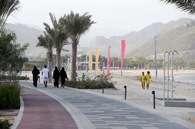 SHARJAH, UNITED ARAB EMIRATES , Feb 12  – 2020 :- Visitors at the newly opened public beach at the Khor Fakkan area in Sharjah.  (Pawan  Singh / The National) For Photo Feature 