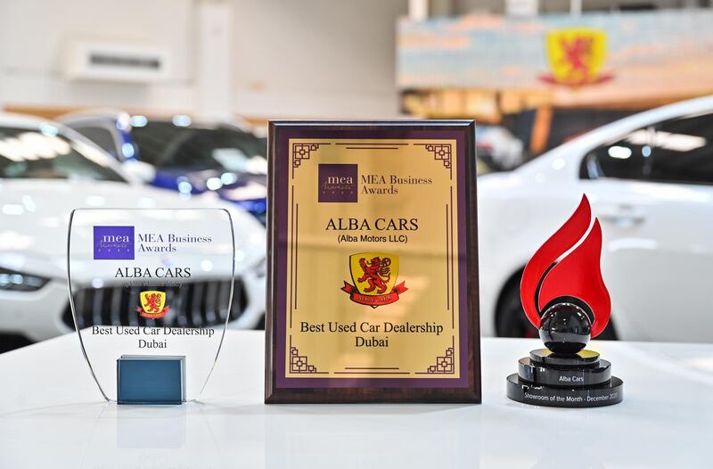 Alba Cars was recently awarded the title of ‘Best Used Car Dealership’ by the MEA Awards, along with Dubizzle’s ‘Showroom Of The Month’. Image: supplied