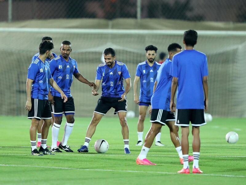 The UAE national team train before the game between the UAE and Malaysia in the World cup qualifiers at the Zabeel Stadium, Dubai on June 2nd, 2021. Chris Whiteoak / The National. 
Reporter: John McAuley for Sport