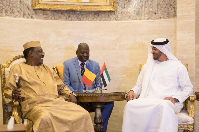 ABU DHABI, UNITED ARAB EMIRATES - July 15, 2017: HH Sheikh Mohamed bin Zayed Al Nahyan, Crown Prince of Abu Dhabi and Deputy Supreme Commander of the UAE Armed Forces (R), meets with HE Idriss Deby President of Chad (L), at Al Shati Palace. 
( Ryan Carter / Crown Prince Court - Abu Dhabi )
---