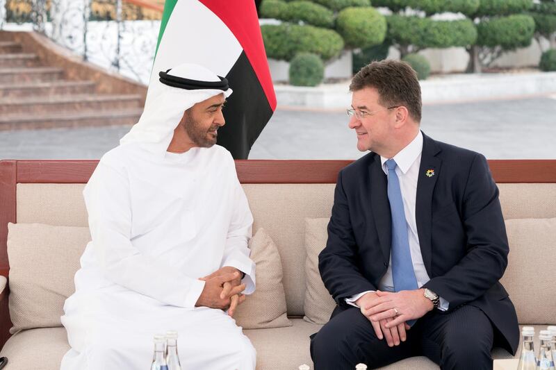 ABU DHABI, UNITED ARAB EMIRATES - January 14, 2018: HH Sheikh Mohamed bin Zayed Al Nahyan Crown Prince of Abu Dhabi Deputy Supreme Commander of the UAE Armed Forces (L), meets with HE Miroslav Lajcak, President of the UN General Assembly (R), during a Sea Palace barza.

( Hamad Al Kaabi / Crown Prince Court - Abu Dhabi )