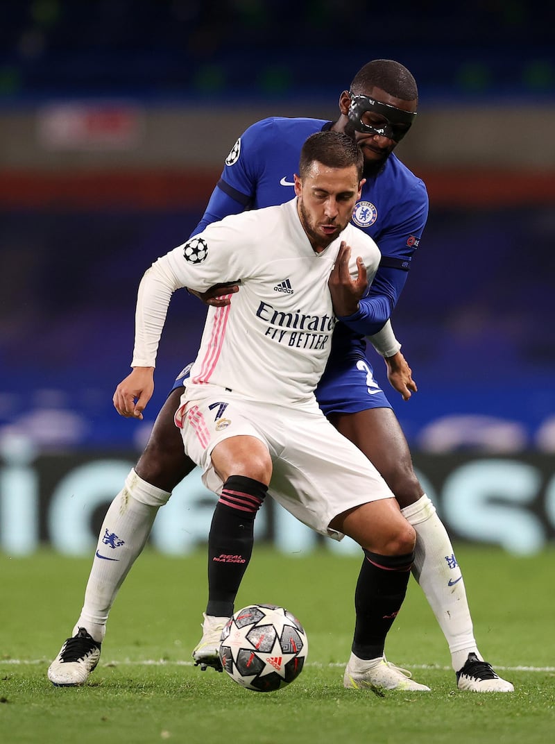 Eden Hazard of Real Madrid is challenged by Antonio Rudiger of Chelsea during their Champions League semi-final second leg at Stamford Bridge. Getty