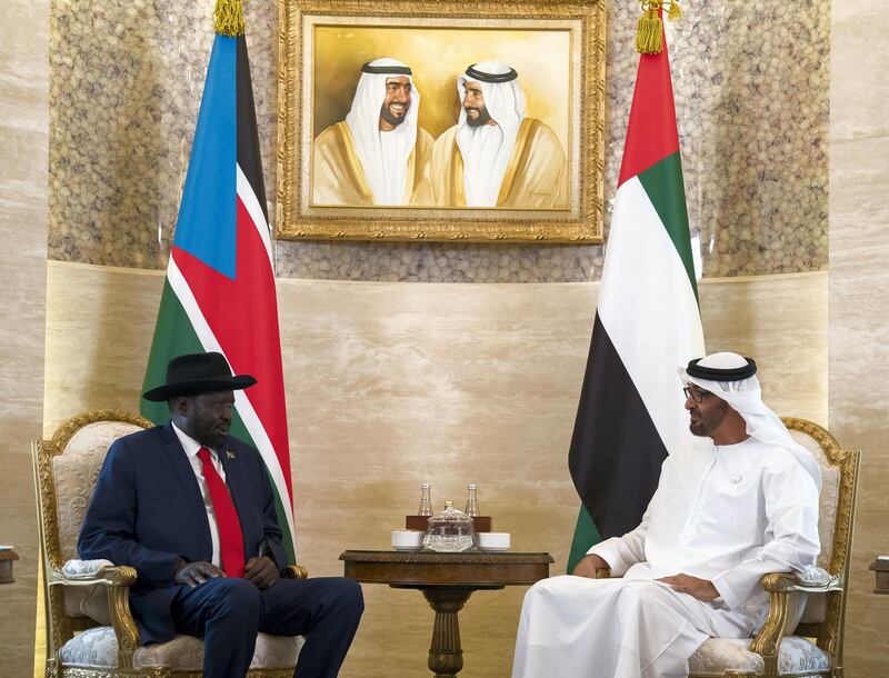 ABU DHABI, UNITED ARAB EMIRATES - April 23, 2019: HH Sheikh Mohamed bin Zayed Al Nahyan, Crown Prince of Abu Dhabi and Deputy Supreme Commander of the UAE Armed Forces (R), meets with Salva Kiir, President of South Sudan (L), at Al Shati Palace. 

( Mohamed Al Hammadi / Ministry of Presidential Affairs )
---