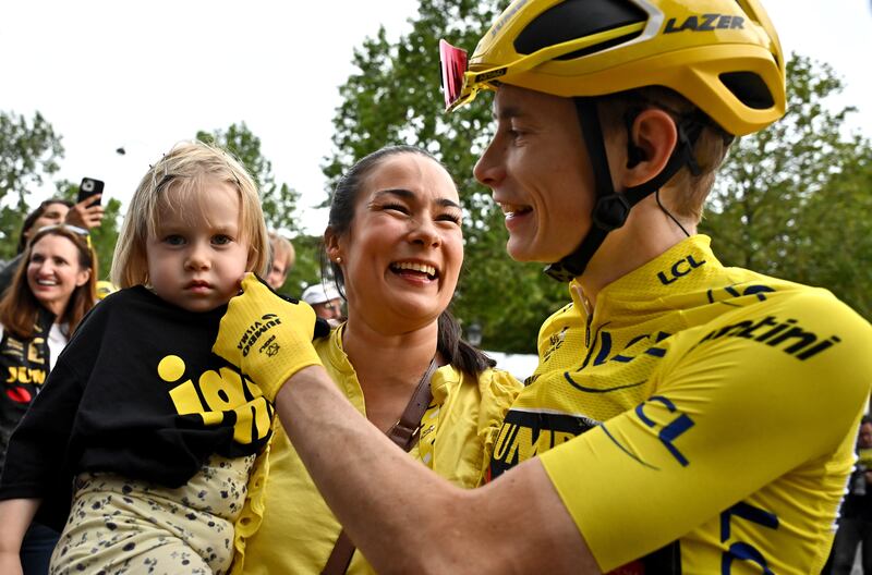 Tour de France winner Jonas Vingegaard celebrates with his family. EPA