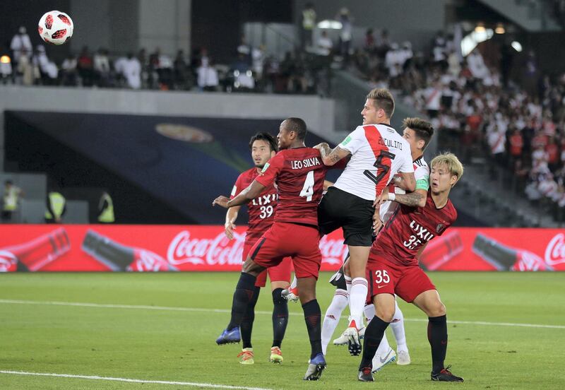 Abu Dhabi, United Arab Emirates - December 22, 2018: River Plate's Bruno Zuculini scores during the match between River Plate and Kashima Antlers at the Fifa Club World Cup 3rd/4th place playoff. Saturday the 22nd of December 2018 at the Zayed Sports City Stadium, Abu Dhabi. Chris Whiteoak / The National