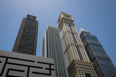 2D0WFD8 Skyscrapers on Sheikh Zayed Road between Financial Centre and Emirates Towers metro stations, Dubai, United Arab Emirates. Alamy
