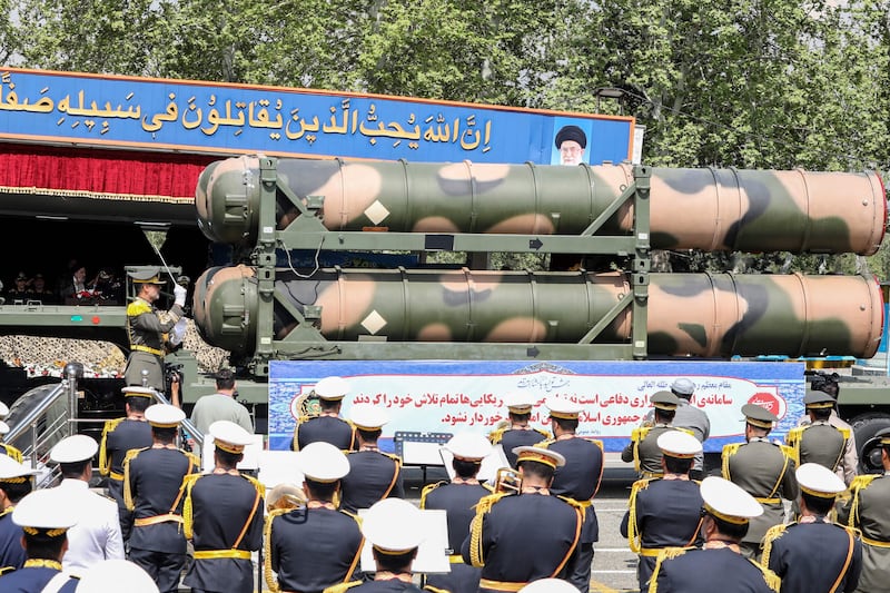 An Iranian military lorry carries parts of a S-300 air defence missile system during a parade in Tehran to celebrate Army Day. AFP
