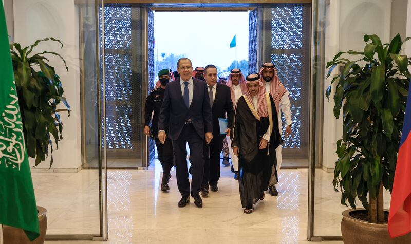 Mr Lavrov was met at King Khalid International Airport near the capital Riyadh by Walid Al Khuraiji, the kingdom's Deputy Foreign Minister, before he met Prince Faisal.