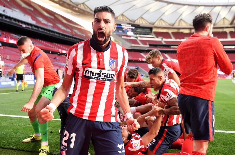 Yannick Ferreira Carrasco celebrates Atletico Madrid's second goal scored by Luis Suarez. Getty