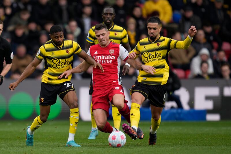 Granit Xhaka - 7: Embarrassing attempt at first-time volley in opening half that he shanked high and wide. Usual relentless tackling and work rate. Helped control midfield alongside Partey. AP