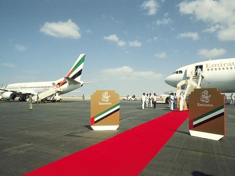 The red carpet was rolled out for Emirates' inaugural flight to Karachi in 1985. All photos Courtesy Emirates