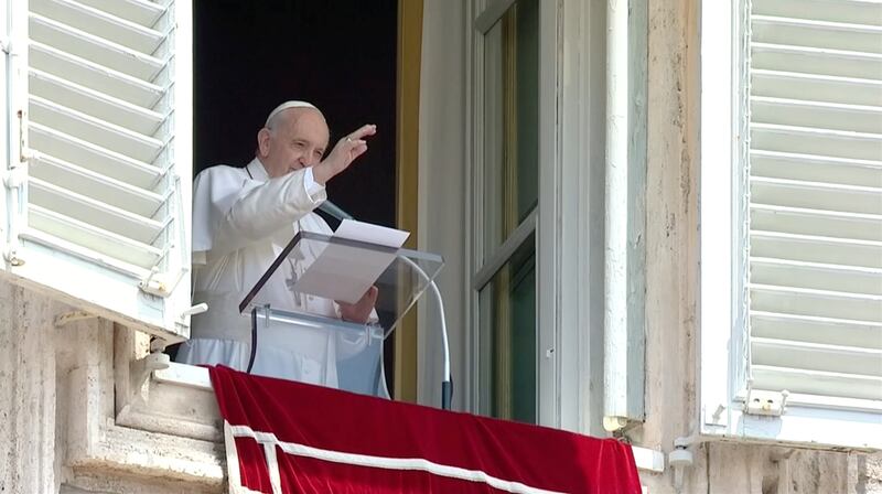 Pope Francis delivers the angelus hours before being admitted to Rome's Gemelli hospital for colon surgery, on July 4, 2021. Vatican Media