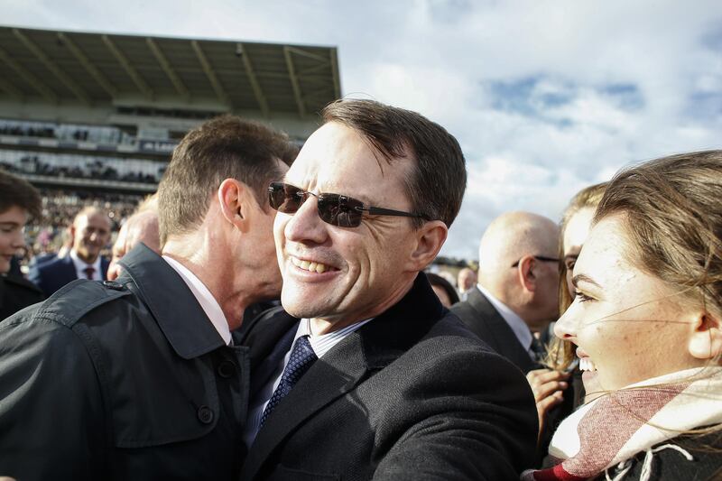 DONCASTER, ENGLAND - OCTOBER 28:  Aidan O'Brien celebrates as Saxon Warrior wins to give him a record twenty six Group 1 winners in a year at Doncaster racecourse on October 28, 2017 in Doncaster, United Kingdom. (Photo by Alan Crowhurst/Getty Images)
